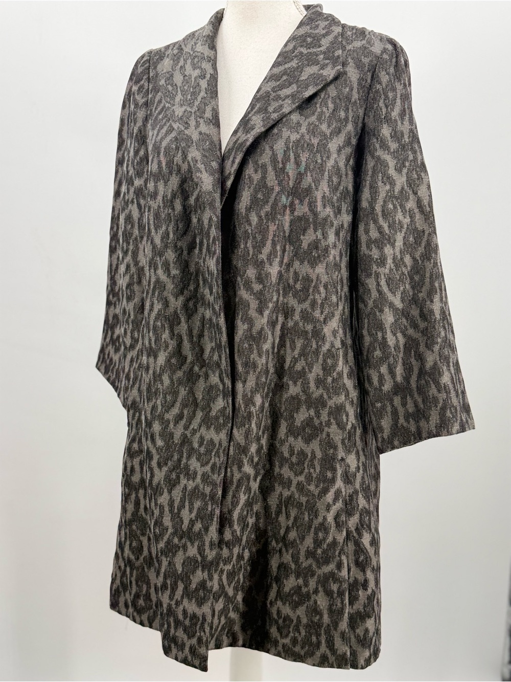 Eileen Fisher Gray Black Ikat Embers Jacquard Open Front Coat Size M Lagenlook